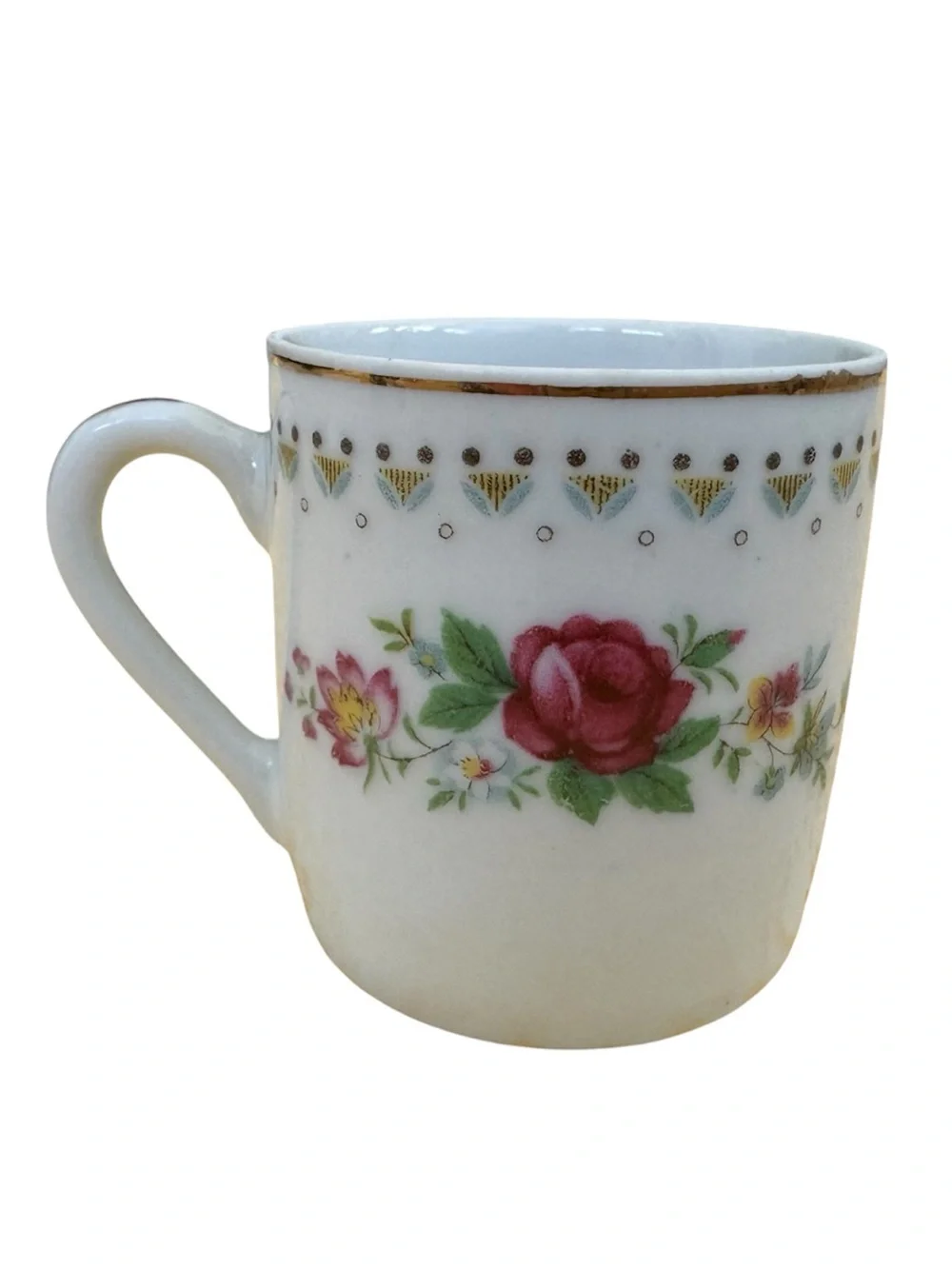 Vintage Espresso Cup and Matching Saucer. White Porcelain with Floral Motif.